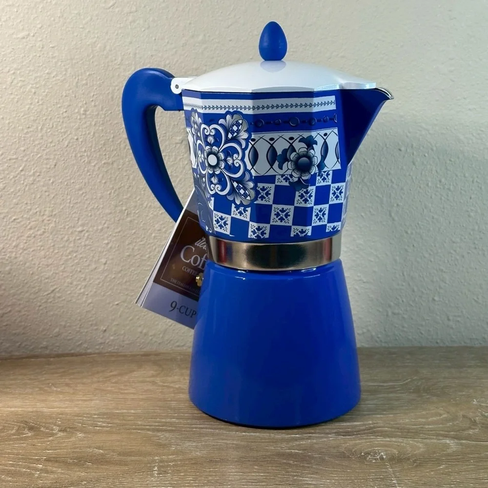 Brandani 9 Cup Italian Coffee Maker Aluminum Moka Pot Sicilian Pattern Blue - Picture 4 of 7